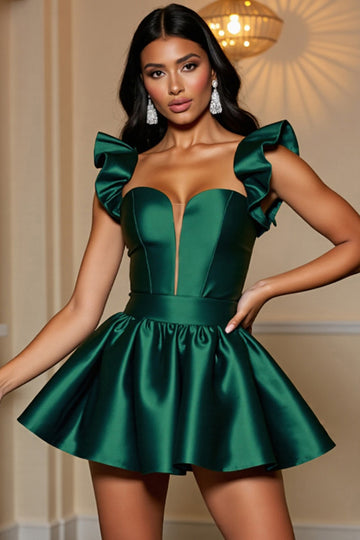 Dark Green Ruffle Sleeve Satin Homecoming Dress